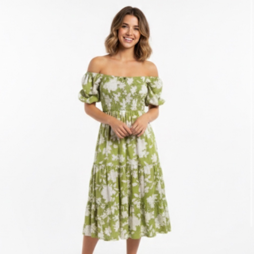 Blu Pepper Green Floral Tiered Midi Dress Smocked Waist M spring